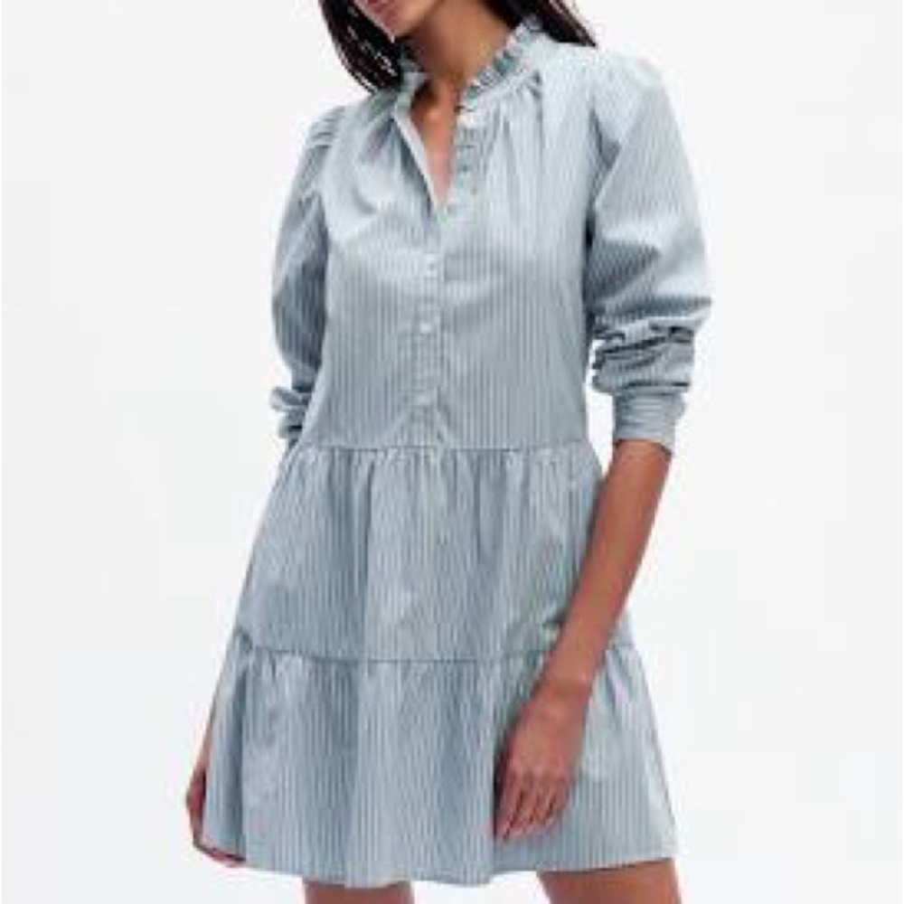 Gap Size M Medium Tall Blue White Stripe Mini Tiered Shirt Dress